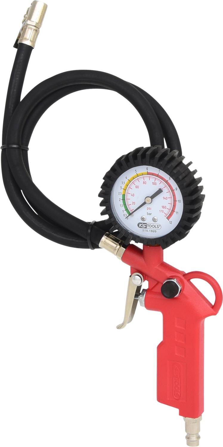 A red tyre pressure gauge with a manometer and black hose is pictured. The manometer displays colour scales for pressure values.
