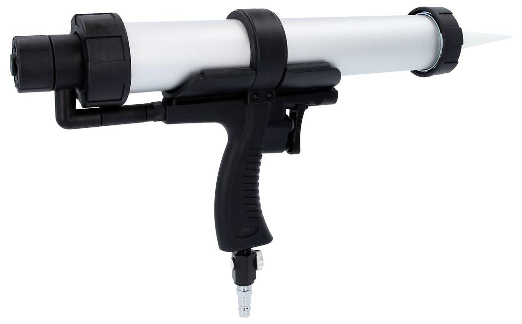 Pneumatic caulking gun with a black handle and trigger, silver tube, and nozzle. Used for dispensing sealants or adhesives.