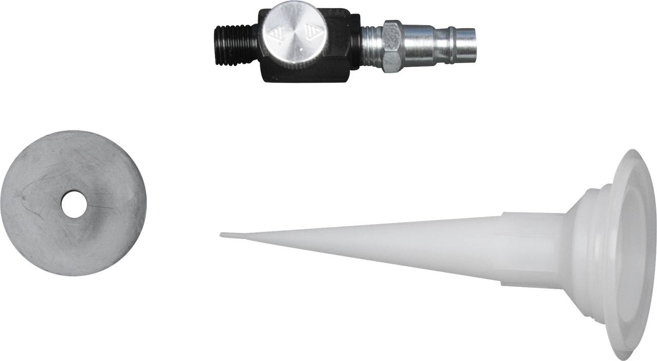 A set of three parts: at the top, a black and silver valve, to the left a round metal disc with a hole, to the right a white plastic funnel.