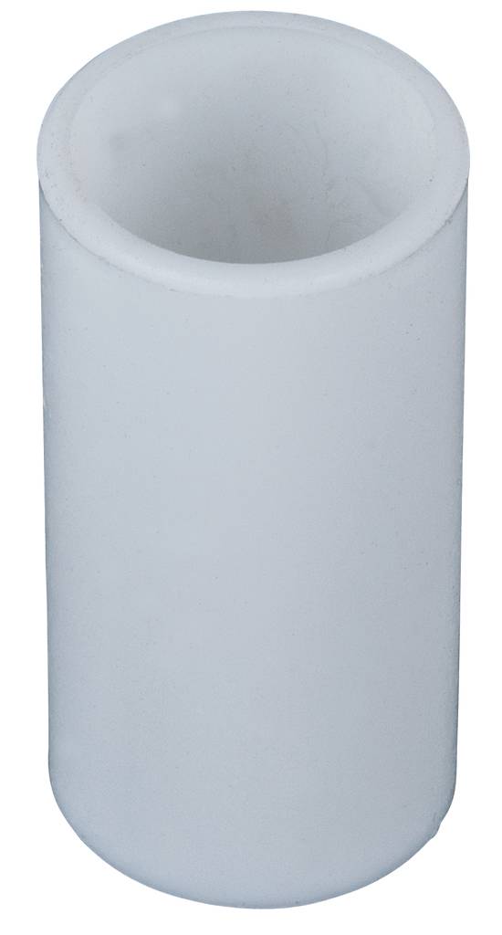 A white, cylindrical plastic container with an open end, standing upright on a smooth surface.