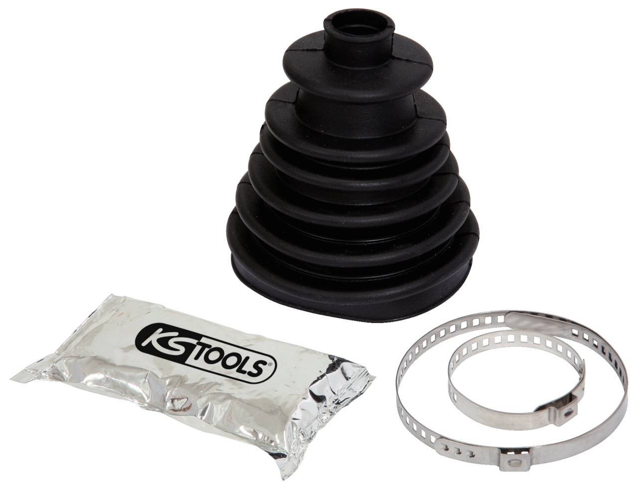 Black rubber bellows, a metal clamp band and a small packet with 'KS Tools' printed on it. Accessories for vehicle repairs.