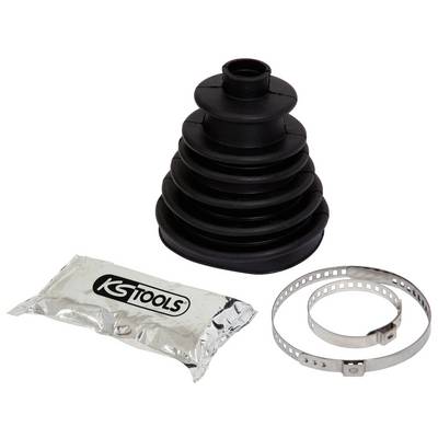 Black rubber bellows, a metal clamp band and a small packet with 'KS Tools' printed on it. Accessories for vehicle repairs.