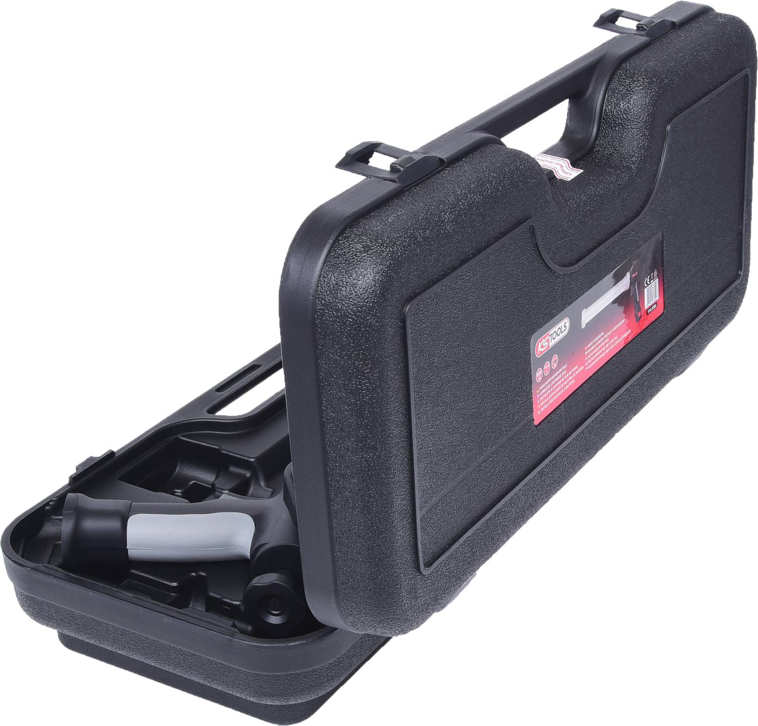 Black tool case with partially open lid, showing a handle and product description on the exterior.