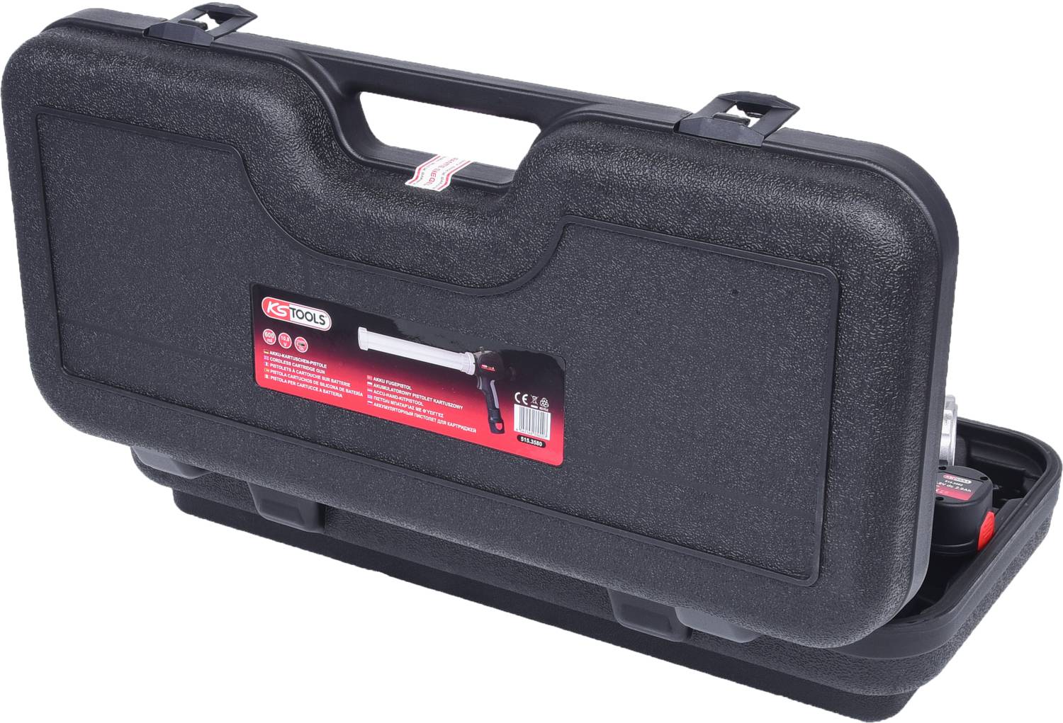 Black tool case with a red label displaying a torque wrench. Case contains tool set, ready for use.