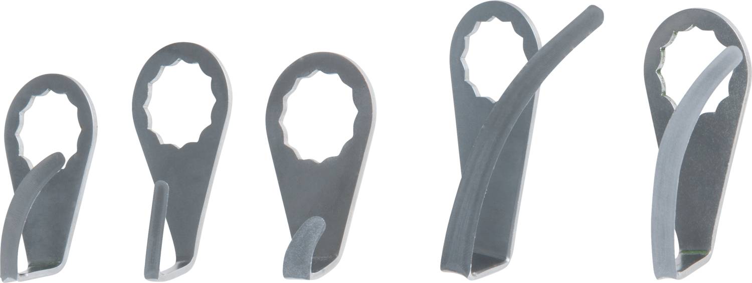 Five grey hooks in various sizes, arranged in a row. They appear to be designed for fastening purposes.