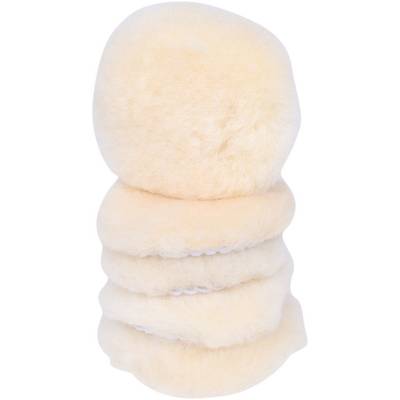 Five round polishing pads made of beige, fluffy material, stacked on top of each other, on a white background.