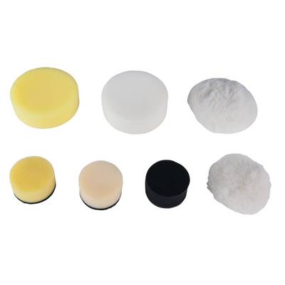 Various polishing sponges in different shapes and sizes, ranging from yellow and white to beige and black. Seven pieces.
