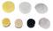 Several polishing pads of different shapes and materials, including yellow, white, and black variants, on a white background.