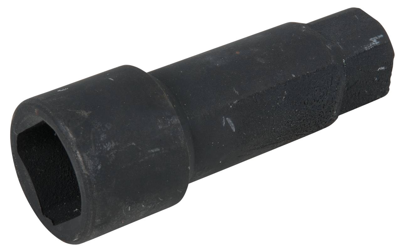 Black metal pipe coupling, cylindrical in shape with a smooth surface, side view.