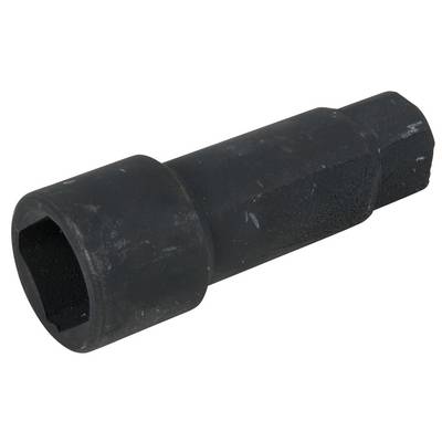 Black metal pipe coupling, cylindrical in shape with a smooth surface, side view.
