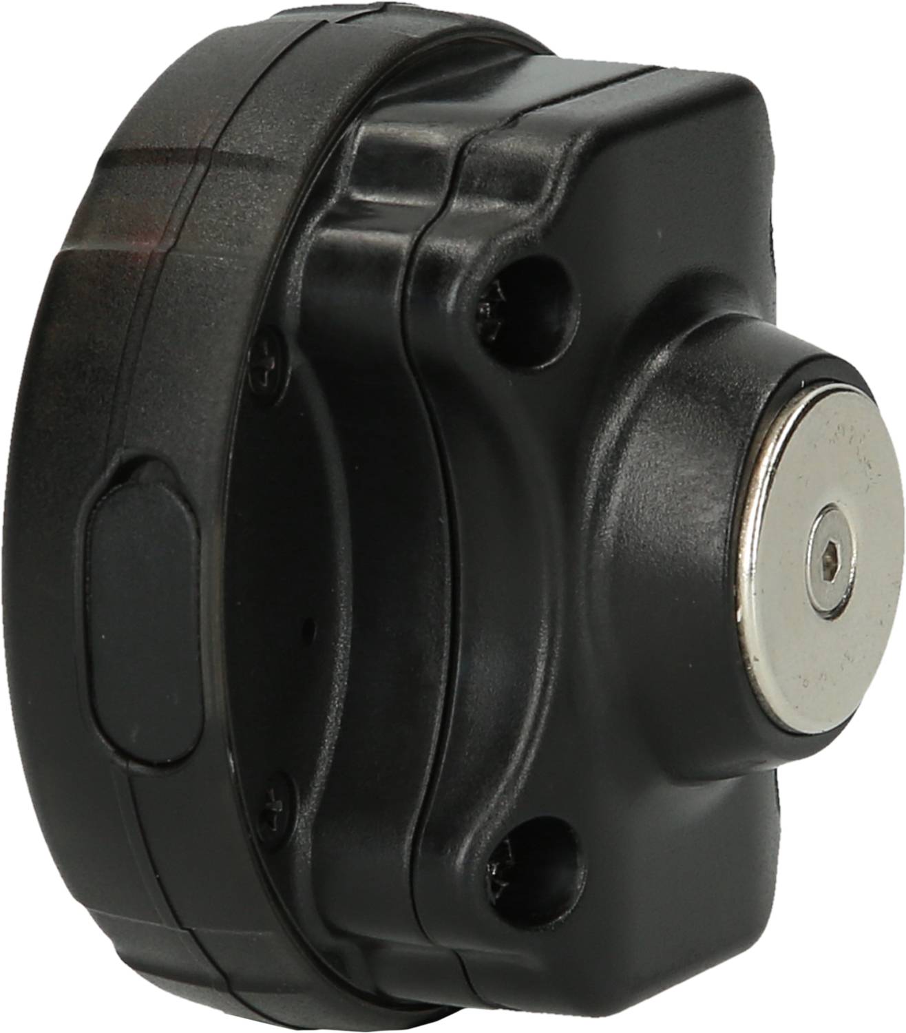 A black, round electronic device with a metal magnet on the back. Likely used for attachment or mounting.