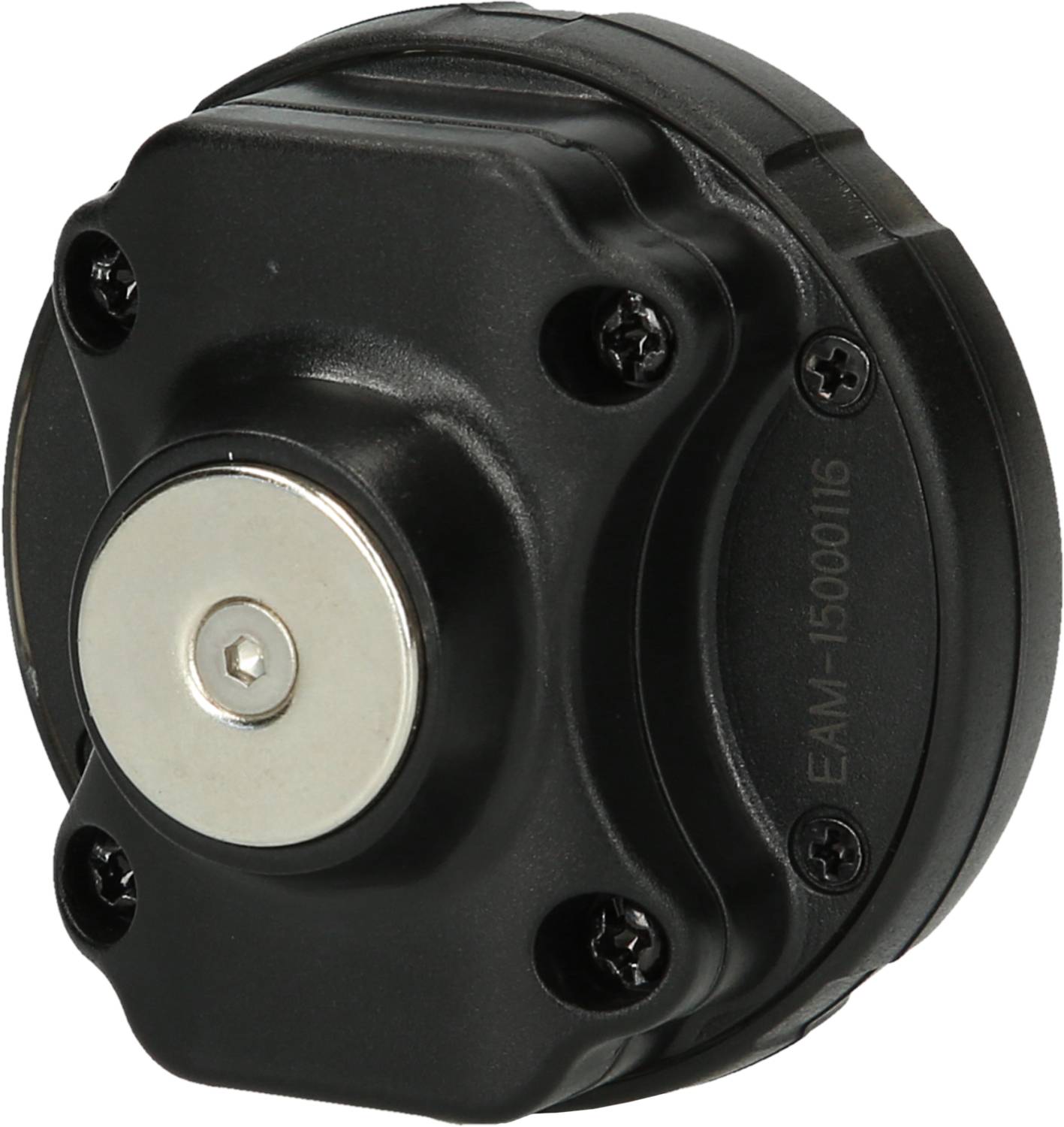 A black, round device with a silver, central magnet and several screws on its surface.
