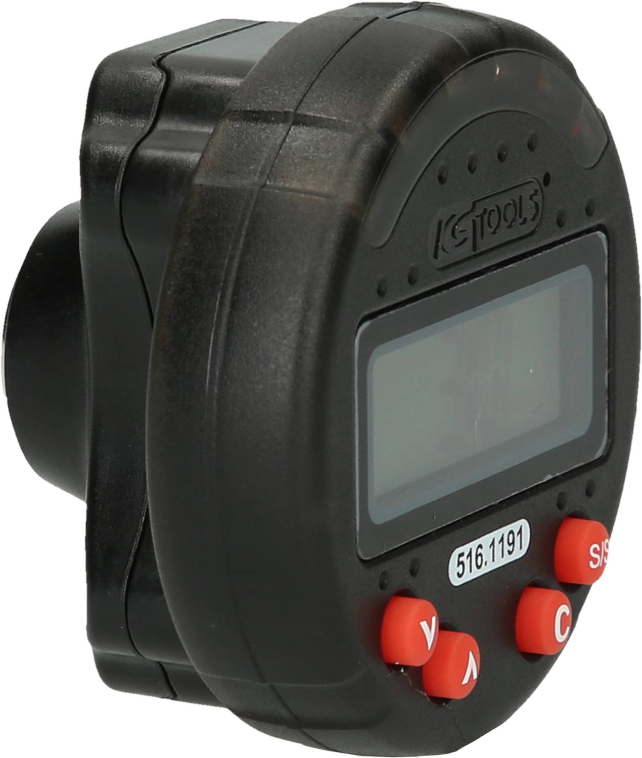 Black, round digital measuring device with a red keypad and a display for showing measurement values, suitable for technical applications.
