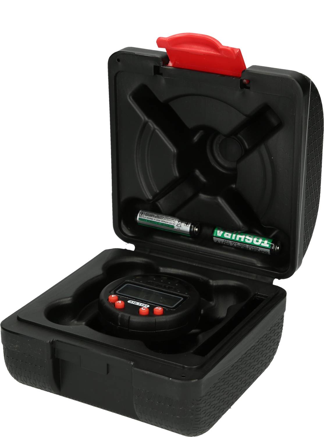 A black casing opens to reveal a timer and two batteries. The timer has red buttons and a digital display.