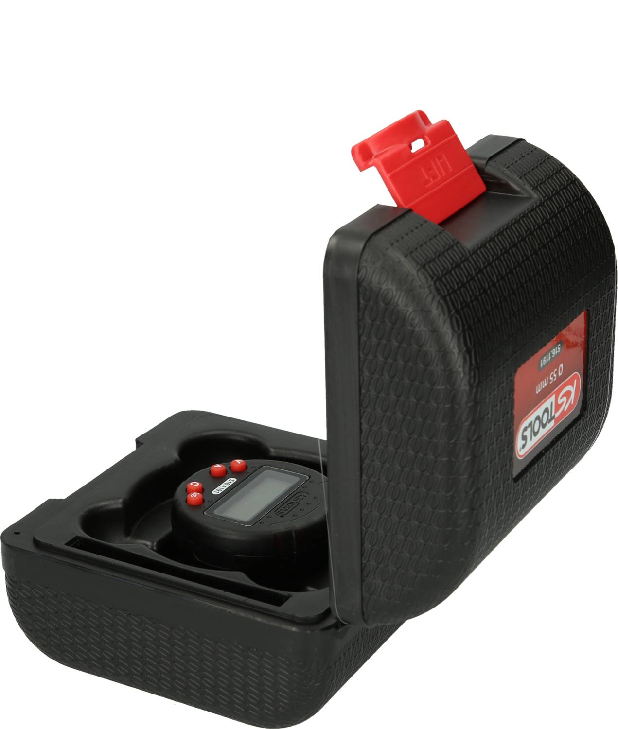 Black protective case with an open lid, displaying an electronic measuring device with a digital display and red buttons.