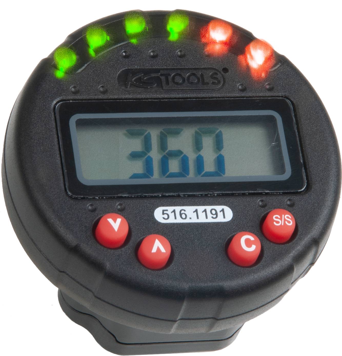 Digital angle measuring device with LED indicators and LCD screen displaying '360'. Buttons beneath for control and settings.