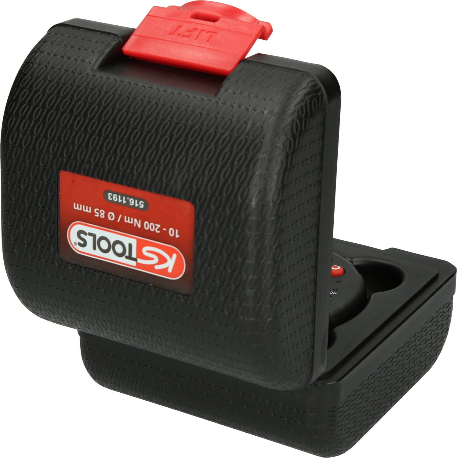 A black, structured plastic case with a red lid bearing the 'KS Tools' logo. Contains a measuring instrument.