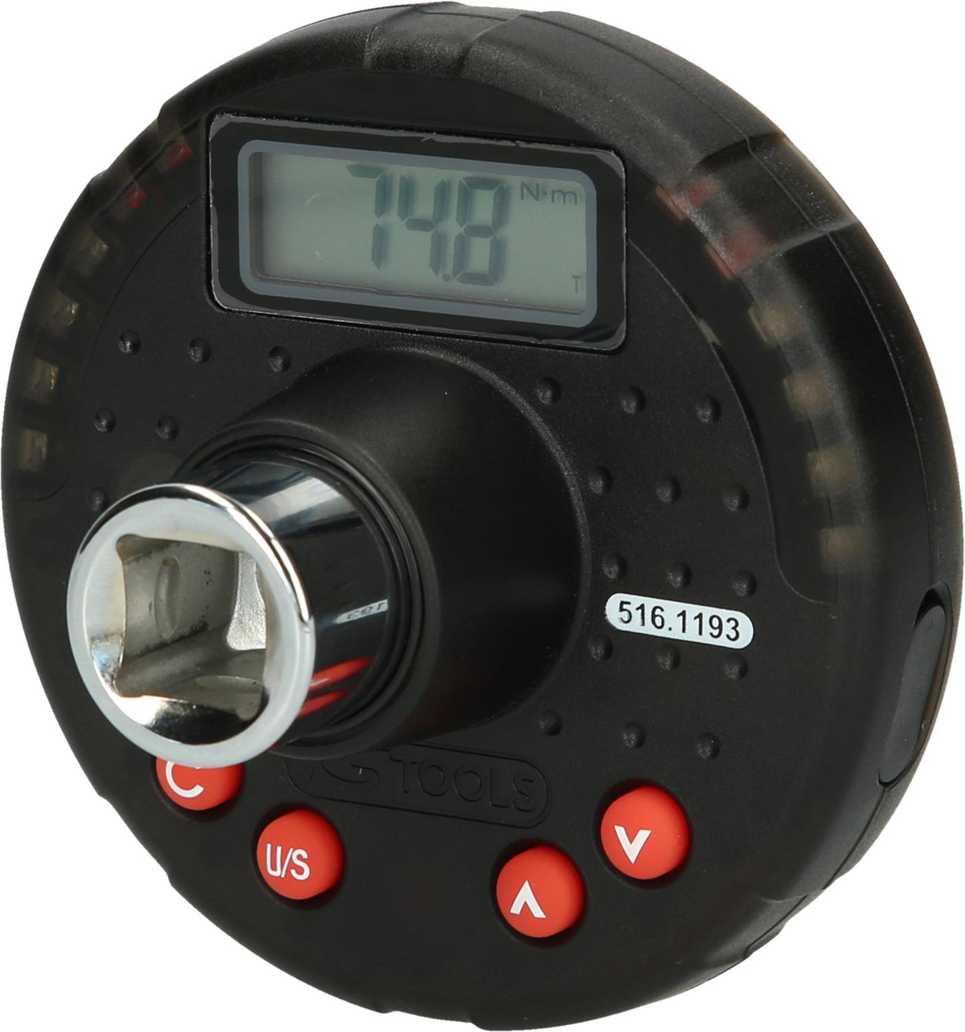 Digital torque wrench attachment with LED display, showing '7.48 Nm'. Four red buttons at the edge enable settings.
