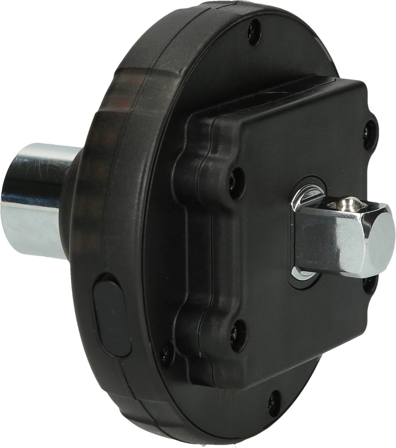 A black gearbox or engine component with a protruding square metal connector on the right side.