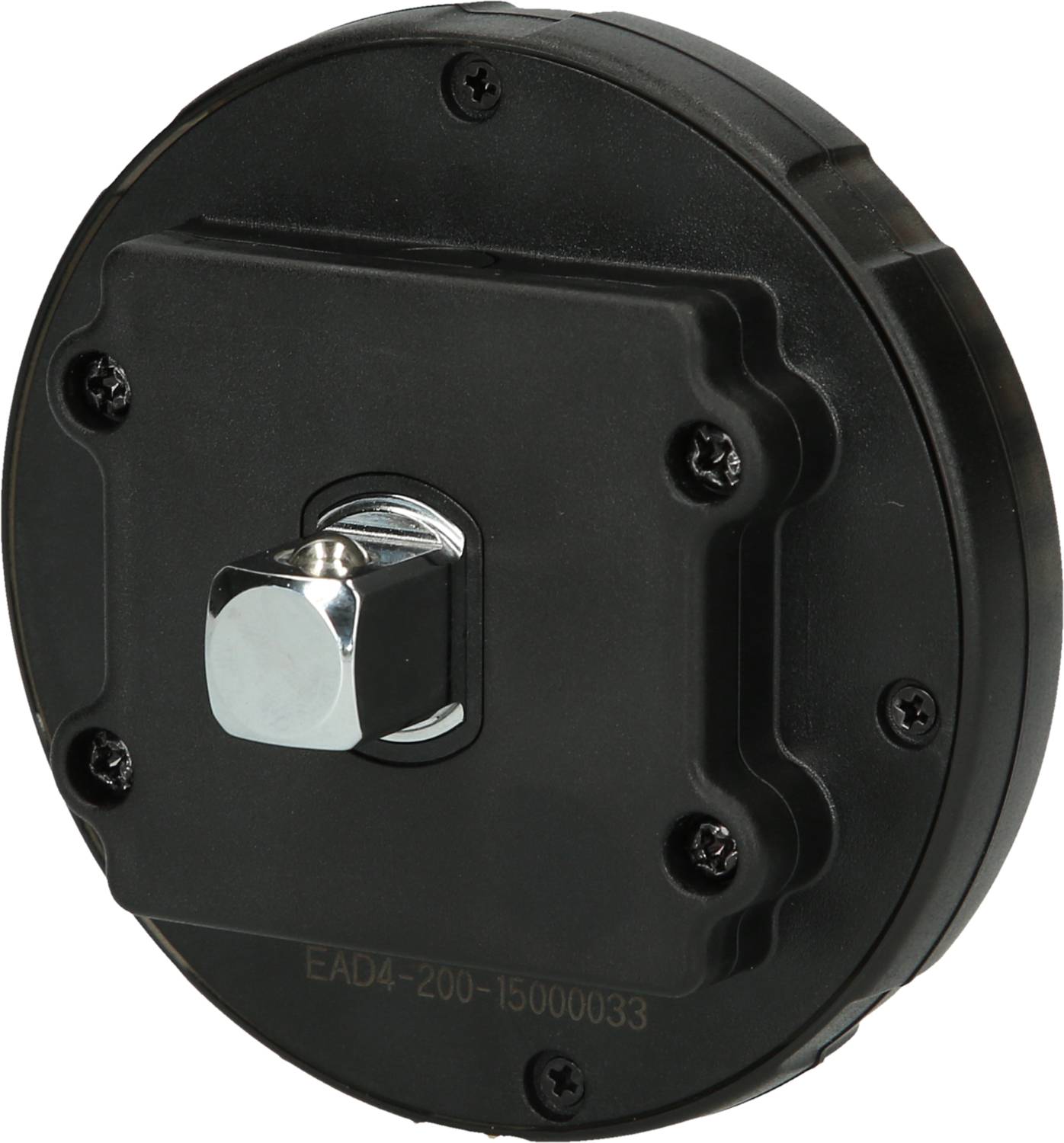 Round, black electronic component with a central, silver connection point. Screws at the corners secure the housing.