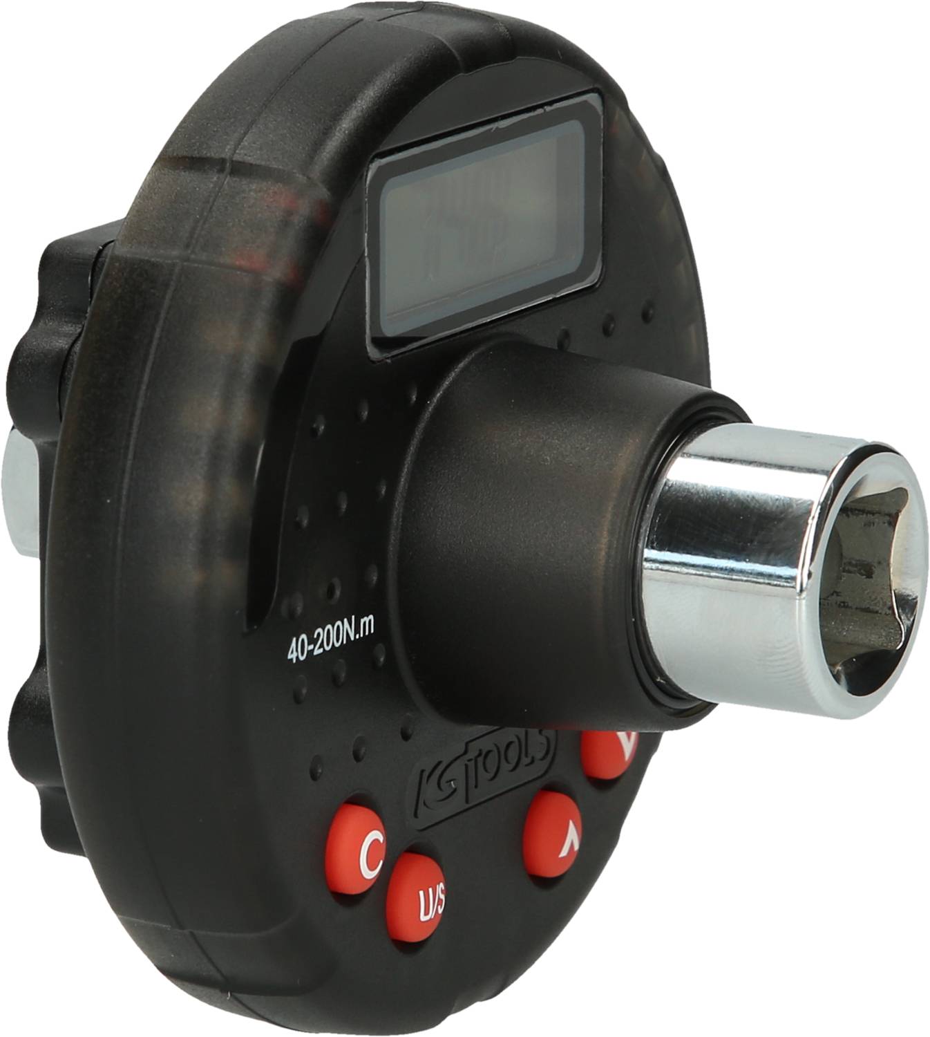 'Torque adapter with digital display and buttons for adjustment. Range: 40-200 Nm. Black housing, chrome-plated connection.'