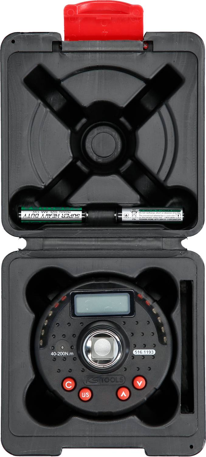 Black case with an electronic measuring device featuring a digital display. Also contains an elongated battery.