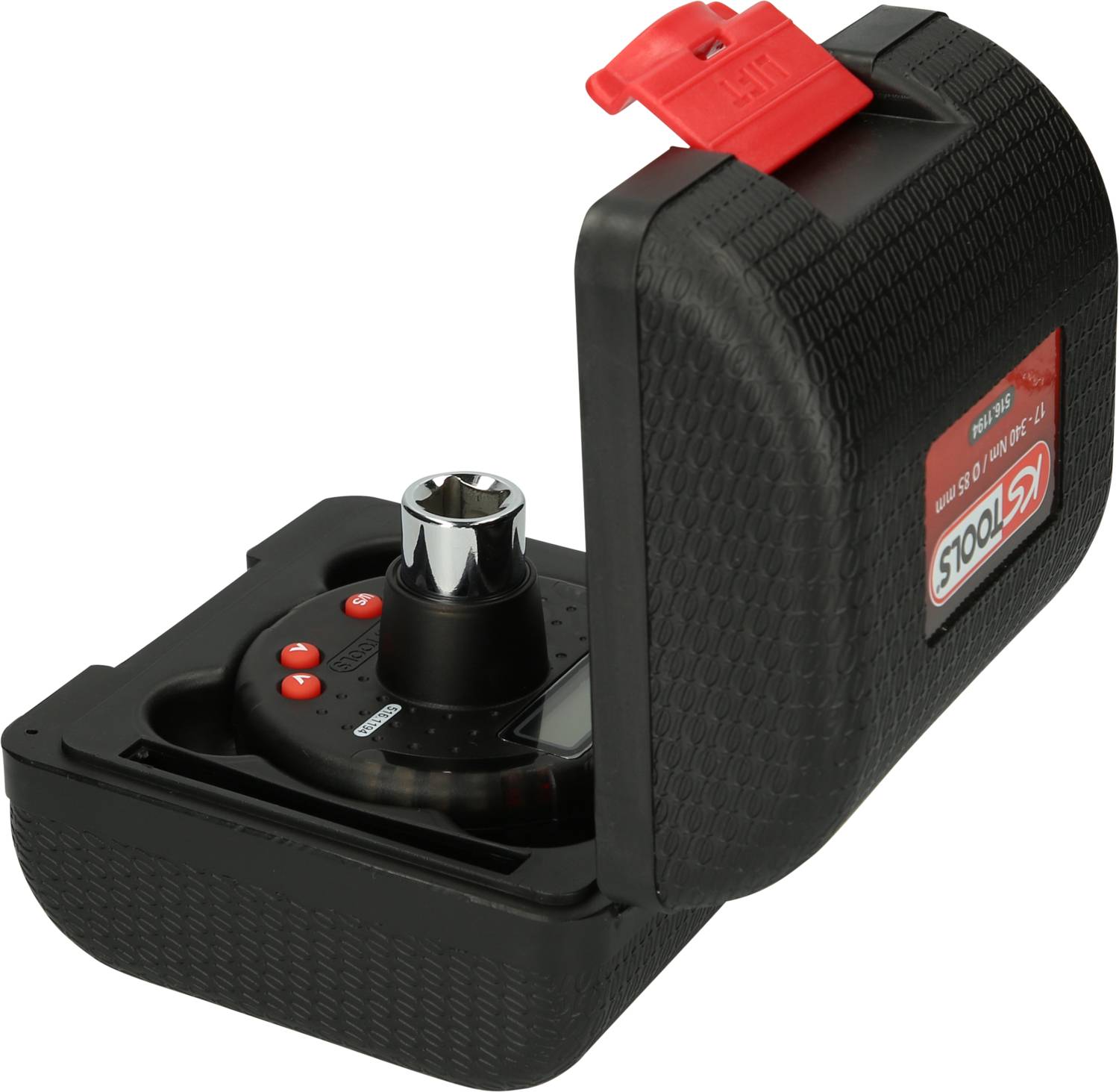 Portable torque wrench adjuster in an open, black hard-shell case with a red fastener.