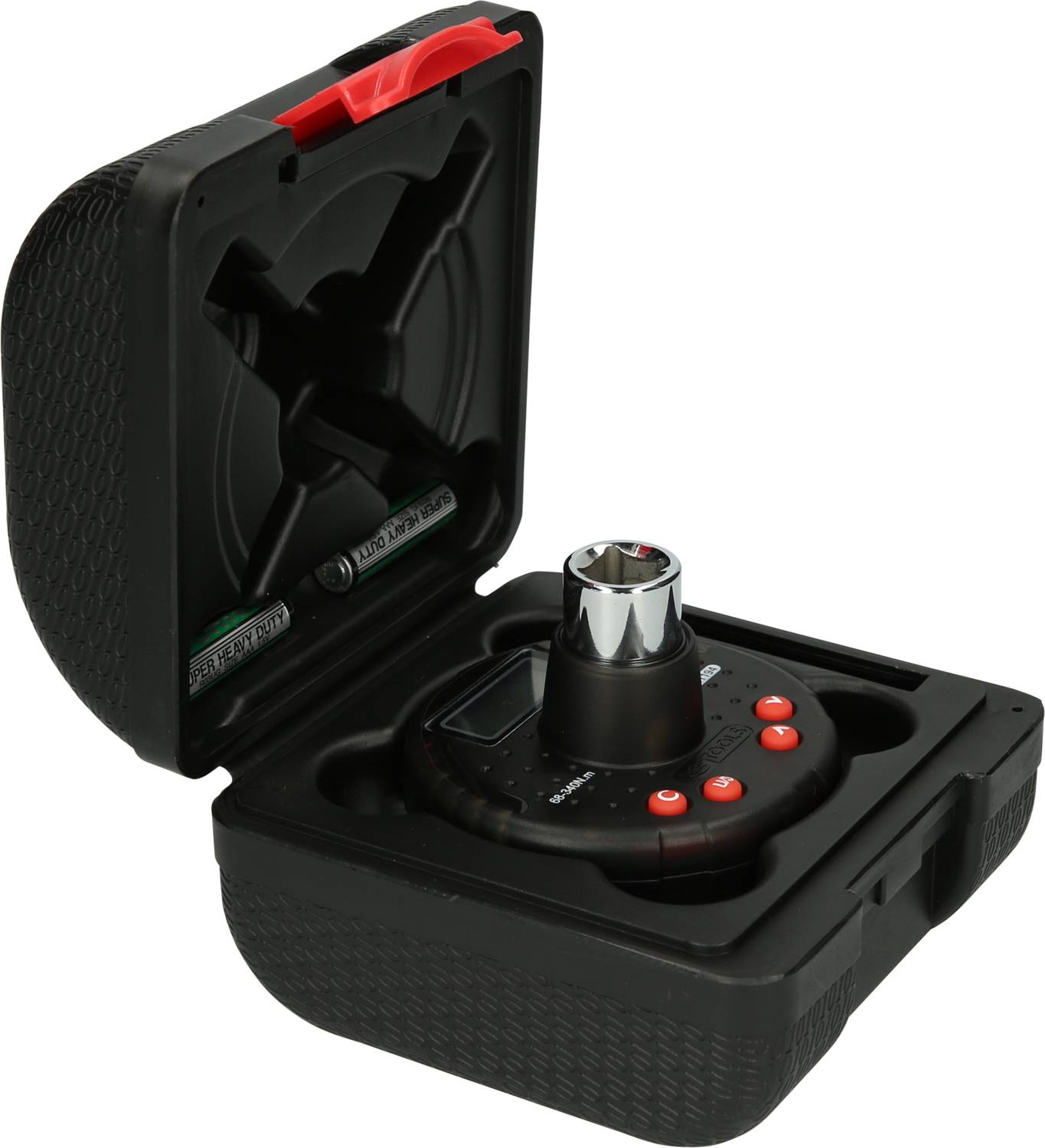 Black device for torque measurement with digital displays and red buttons in an open, protective case.