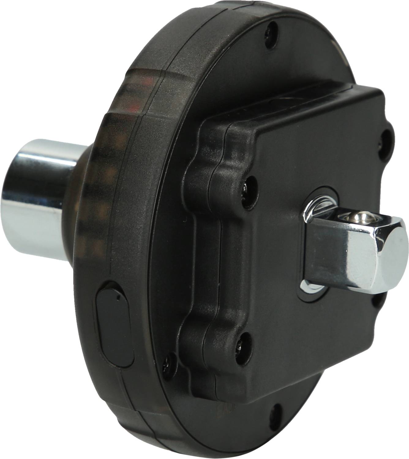 A black, round mechanical device with metallic components, possibly a door lock mechanism or a component.