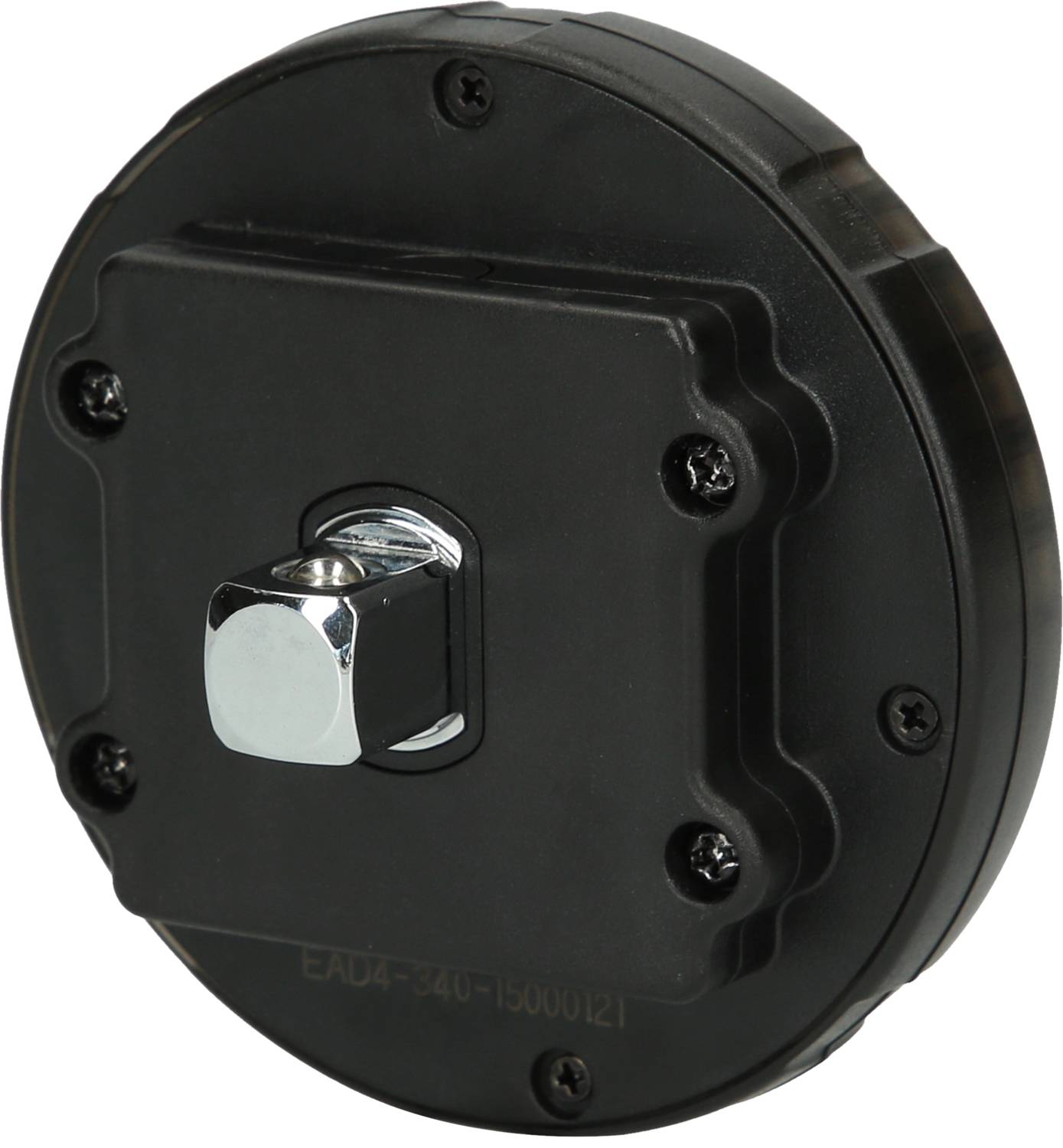 Round, black electric drive with metallic connection in the centre, used for controlling mechanical devices.