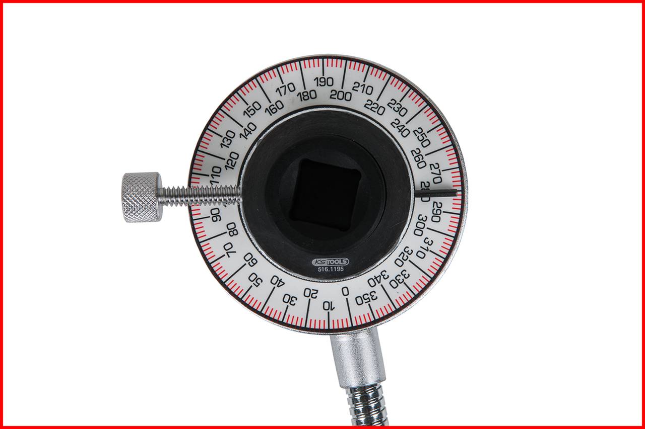 Torque angle gauge with circular scale from 0 to 360 degrees, red and black marking system, metal handle on the left.