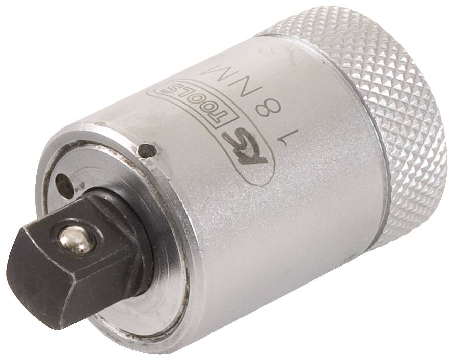 Silver socket adaptor with square drive, knurled handle, and brand and specification markings engraved on the surface.