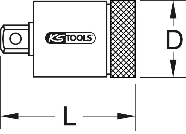 An adapter with 'KS Tools' logo, showing dimensions: length 'L' and diameter 'D', schematic representation in technical style.