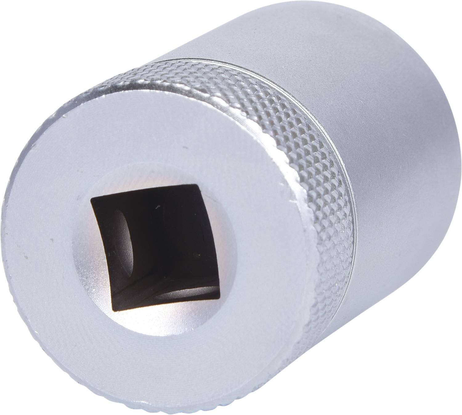 Silver-coloured metal adapter with a square opening.