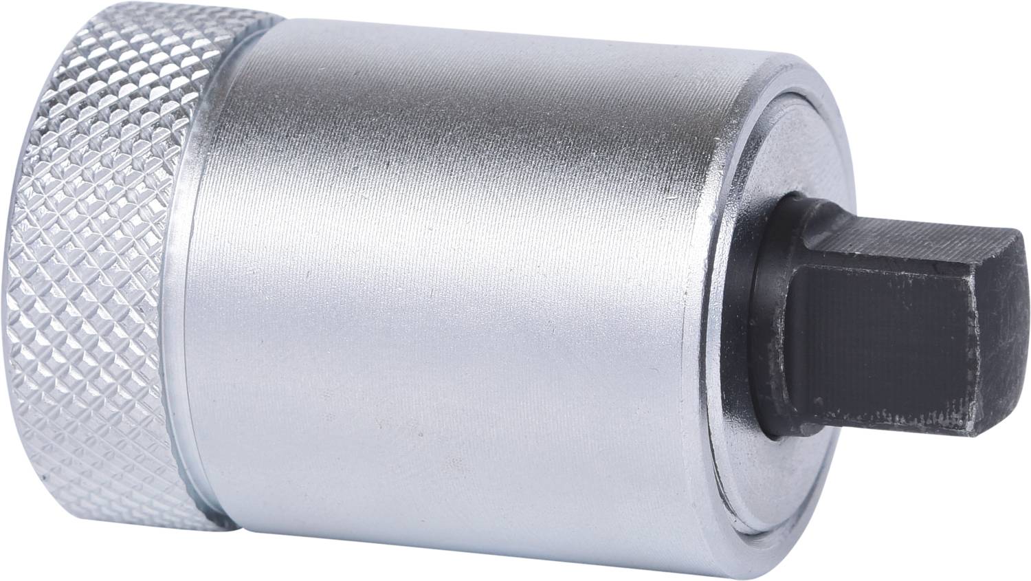 Metallic torque wrench head, cylindrical, silver-coloured with knurled handle.