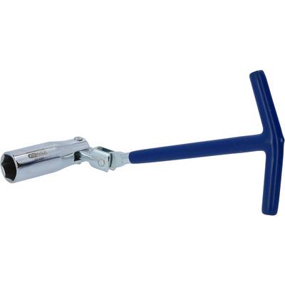 T-shaped spark plug spanner with blue handle and angled rotatable head, suitable for easily loosening or tightening spark plugs.