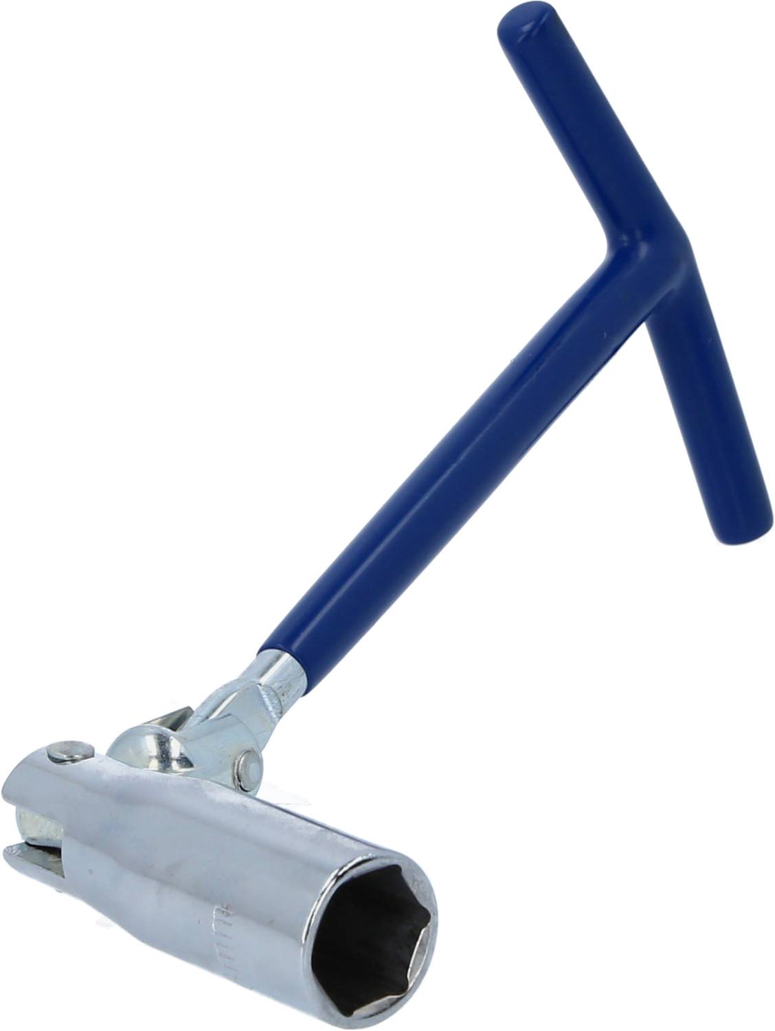 A blue wheel nut spanner with a T-handle and metallic hexagonal head, used for removing or tightening wheel nuts.