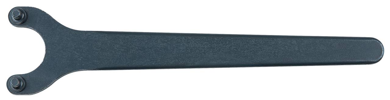 A black spanner with a flat handle and two bolt heads, suitable for tightening or loosening nuts.