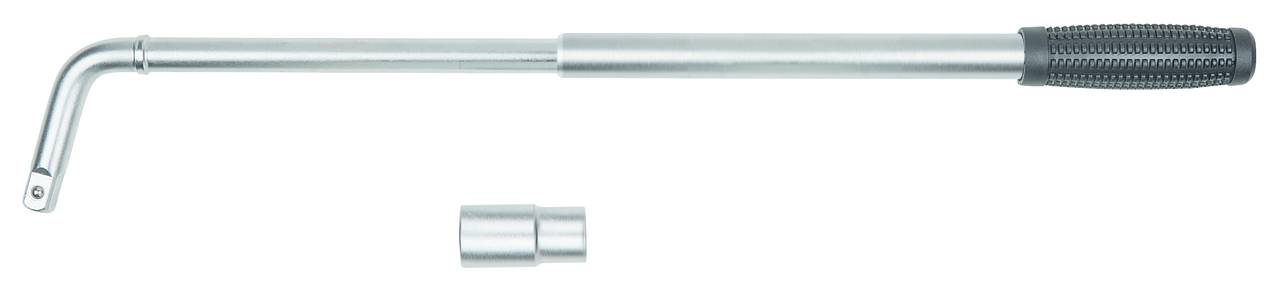 A silver torque wrench with a black handle and an additional socket in the middle of the image.