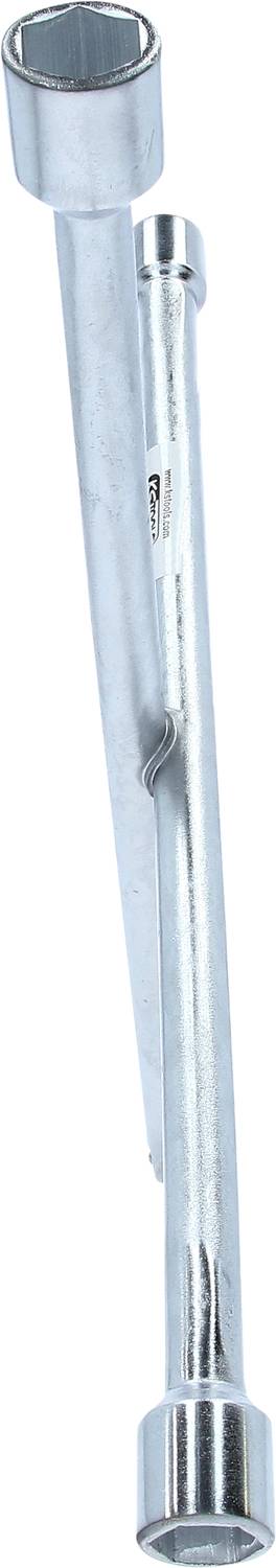 A silver double ring spanner with two hexagonal heads of different sizes at the ends, used for loosening bolts.