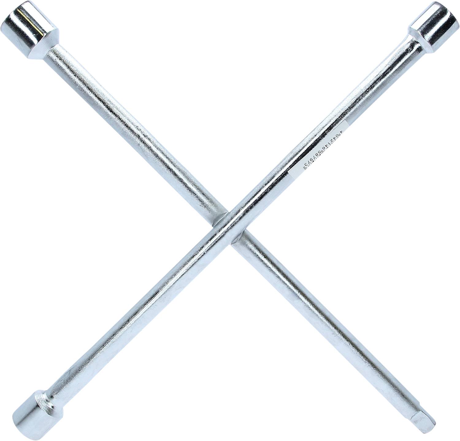 A cross-shaped wheel brace with four socket keys at the ends, used for loosening or tightening wheel nuts.