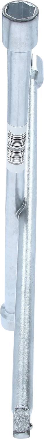 A silver-coloured wheel nut spanner, affixed with a barcode sticker, stands vertically against a white background.