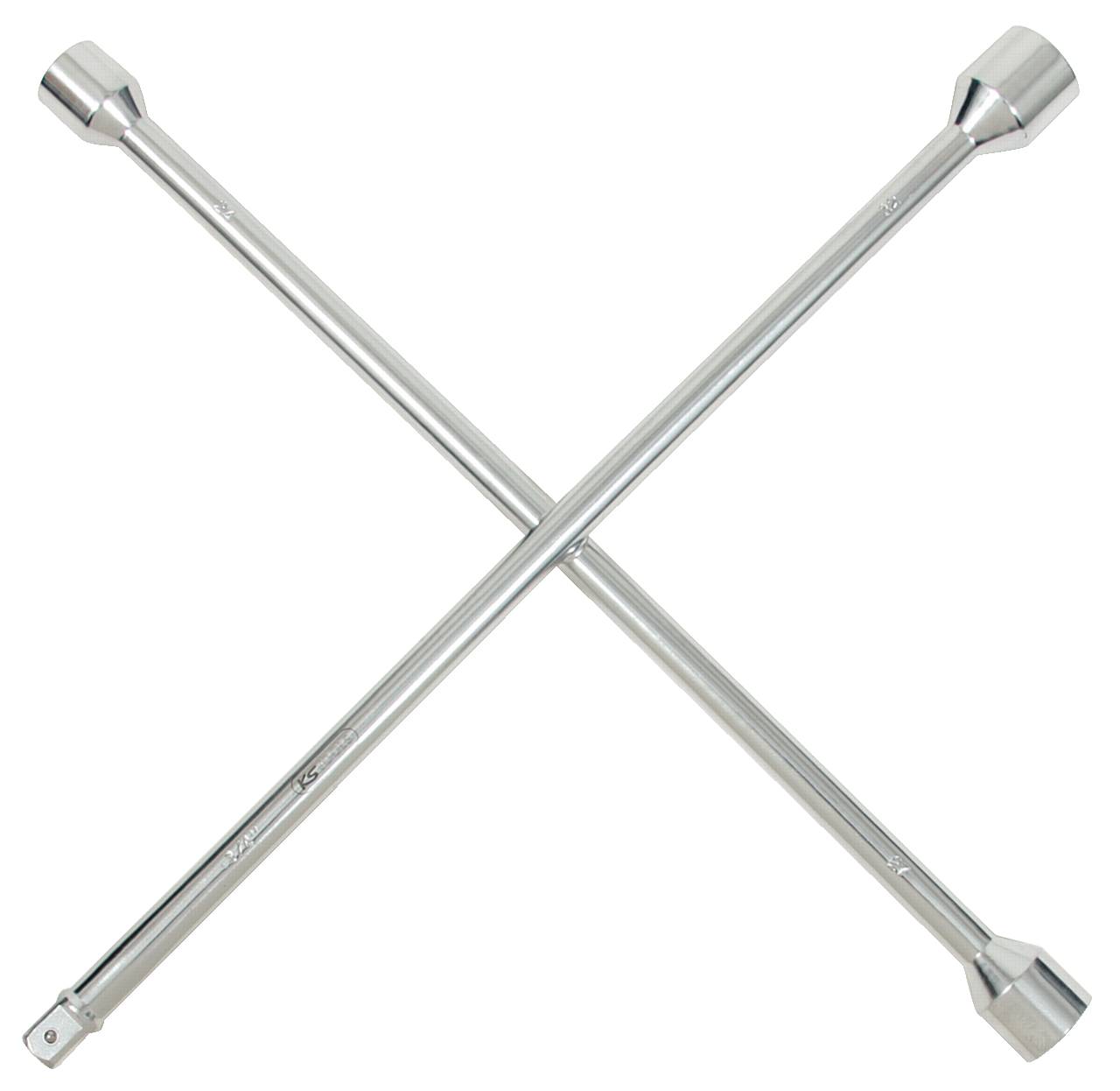 A cross-shaped metal wheel nut spanner with four differently sized ends for loosening wheel bolts on vehicles.