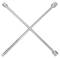 A cross-shaped metal wheel nut spanner with four differently sized ends for loosening wheel bolts on vehicles.