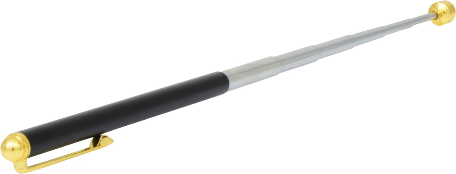 A silver-coloured telescopic pole with a black handle and golden end pieces, extended to full length.