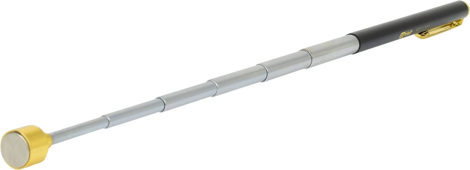 A telescopic, silver magnetic tool with a black handle and a golden clip.
