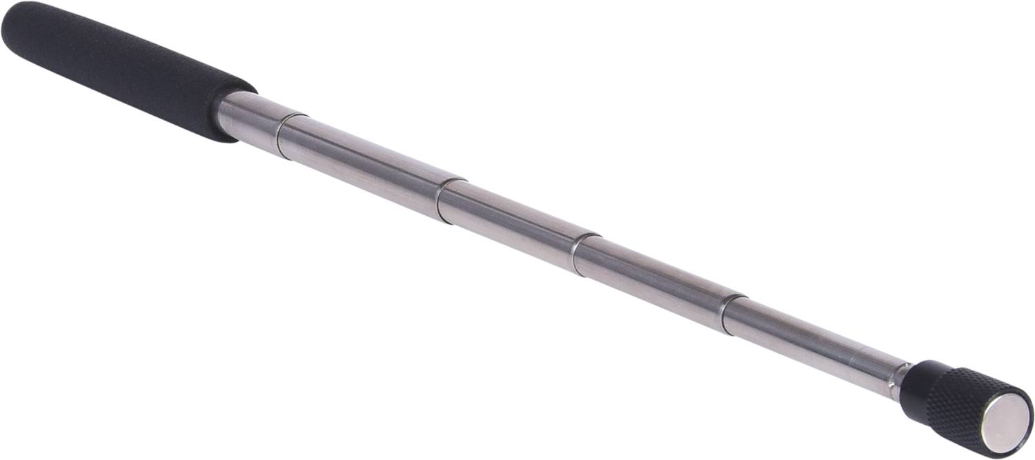 Silver telescopic magnet with a black handle, suitable for picking up metallic objects in hard-to-reach areas.