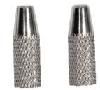 Two silver metal sleeves side by side, of different sizes, with a ribbed surface. They are likely accessories for a technical device.