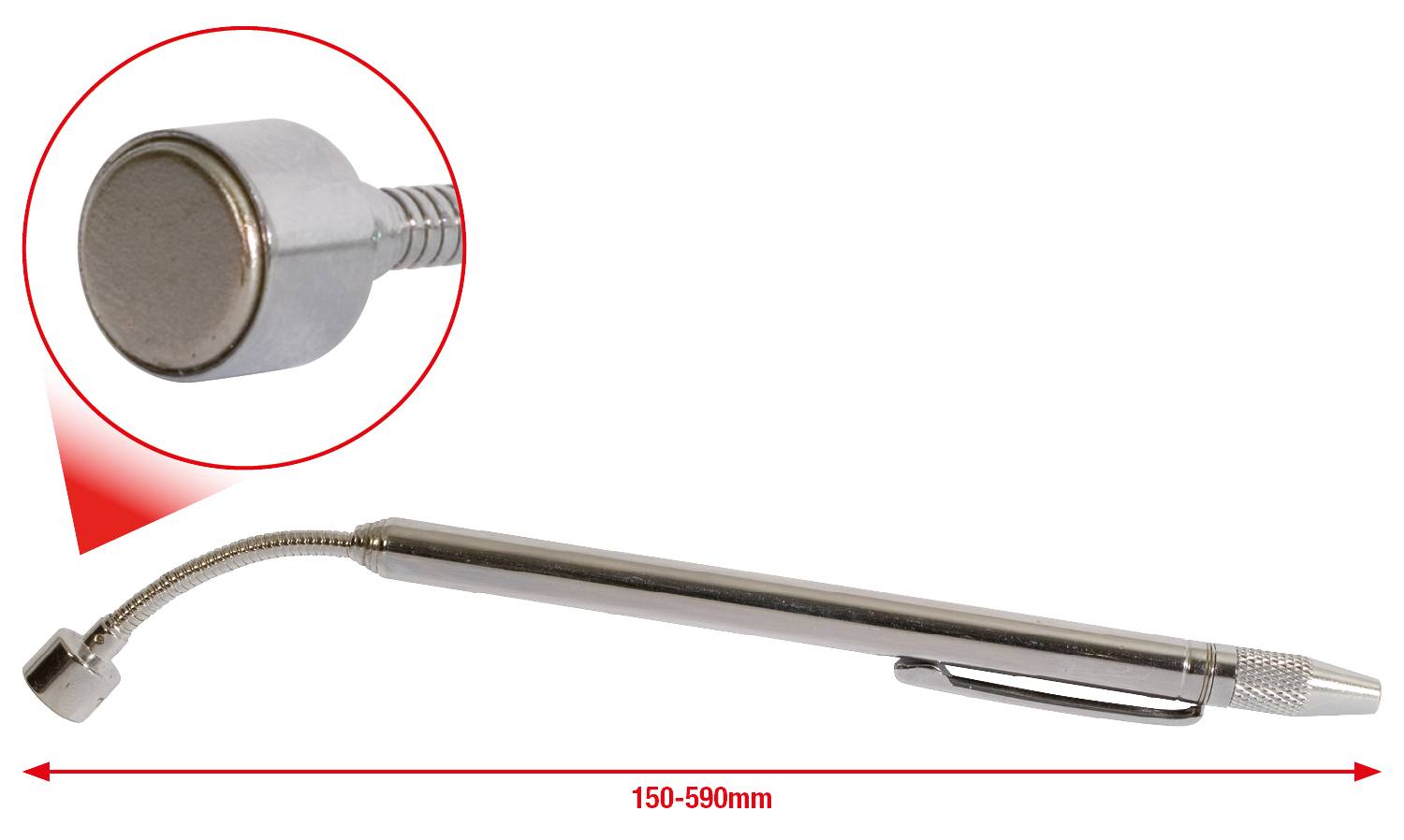 Extendable magnetic pick-up rod with flexible head, adjustable length from 150 to 590 mm, for lifting metal objects.
