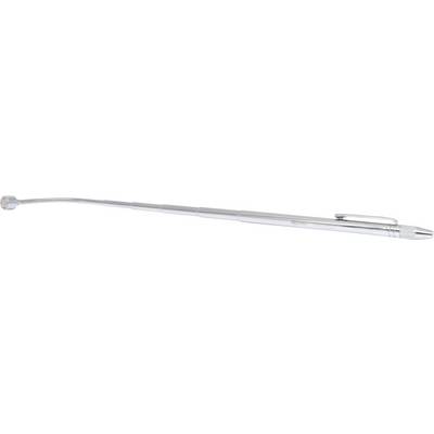 Silver telescopic walking stick in a retracted form, with handle and pommel at the end.